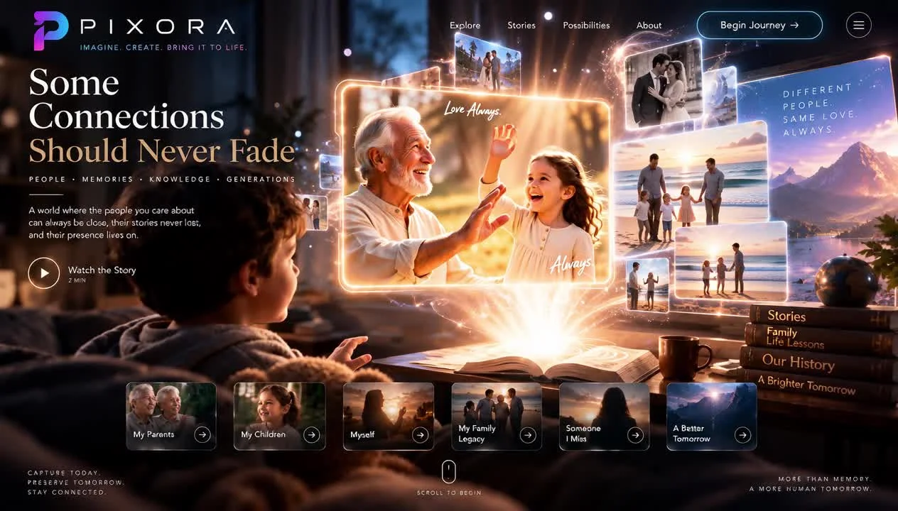 A family looking at illuminated portraits and photographs together.