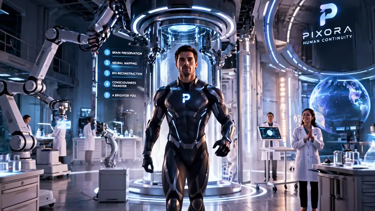 A humanoid figure inside a luminous research chamber.