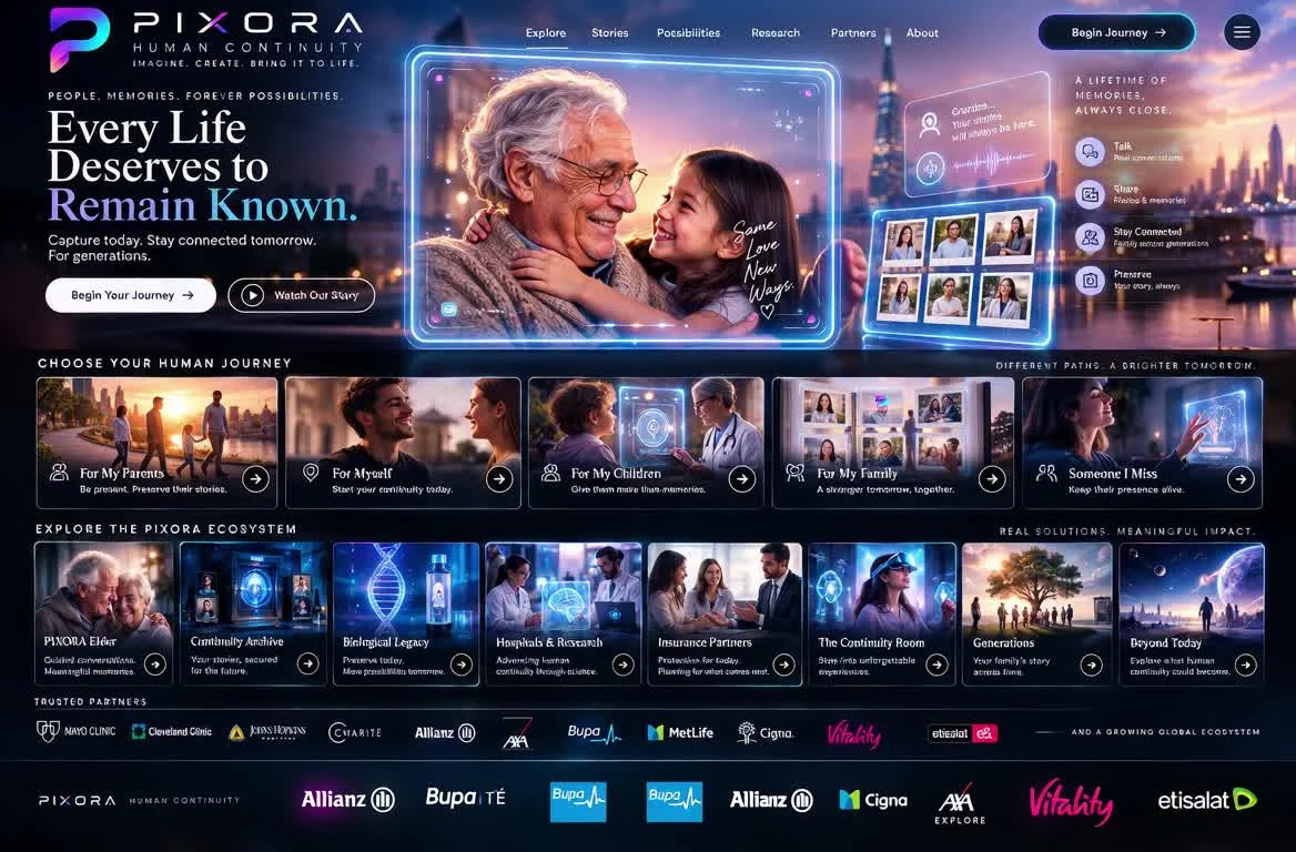 A cinematic concept board showing family embraces, personal journeys and an imagined continuity ecosystem.