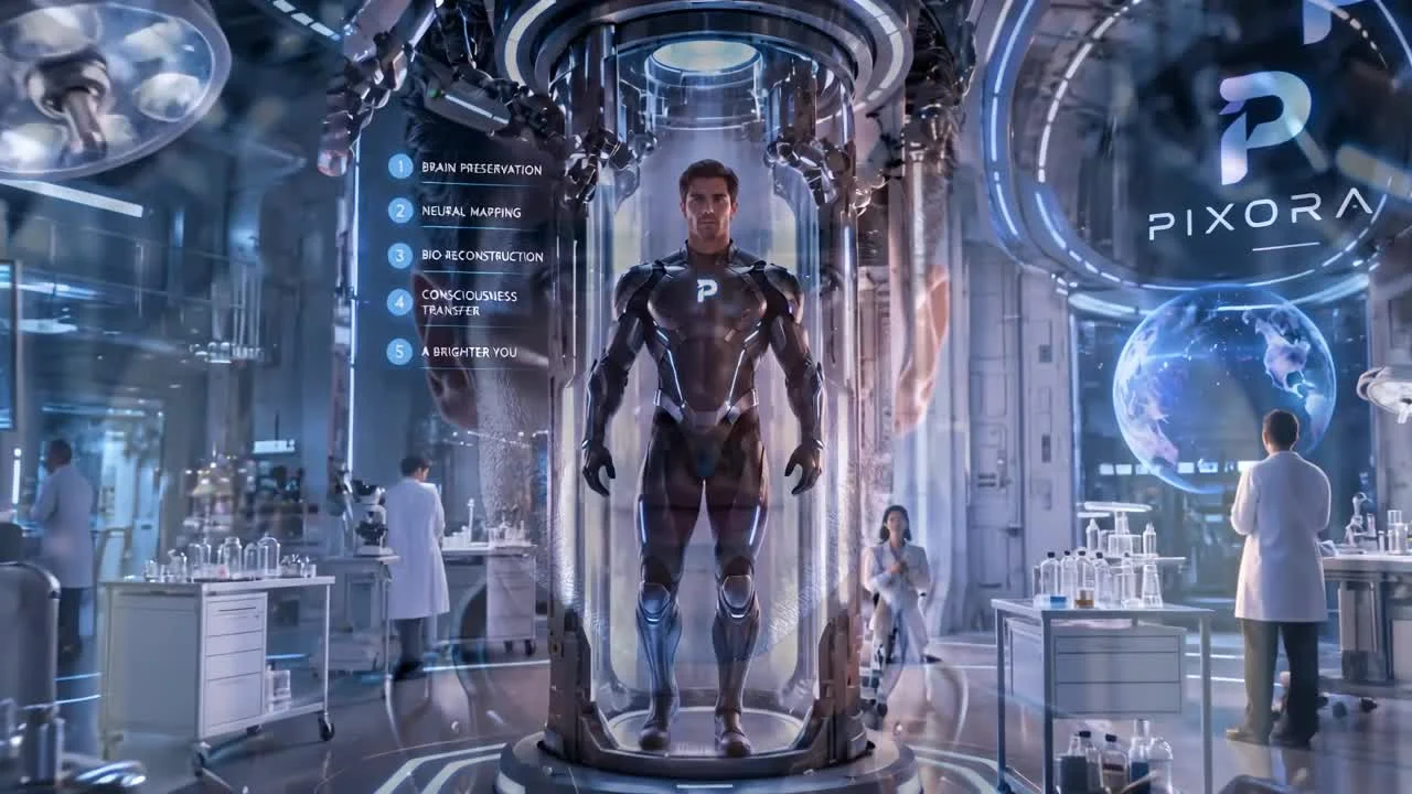 A wide view of an illuminated laboratory with a central chamber and robotic equipment.