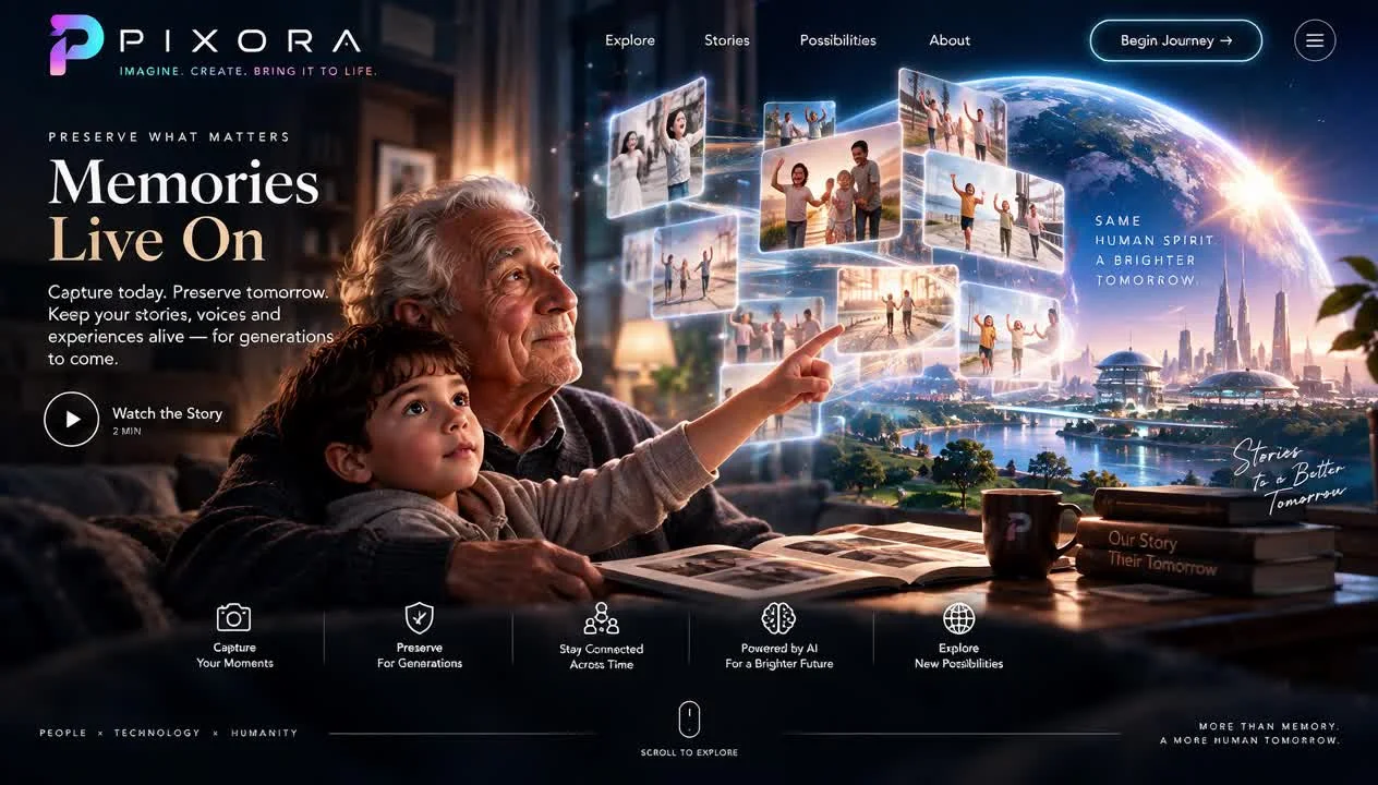 A grandfather and child beside glowing family photographs and an imagined future landscape.