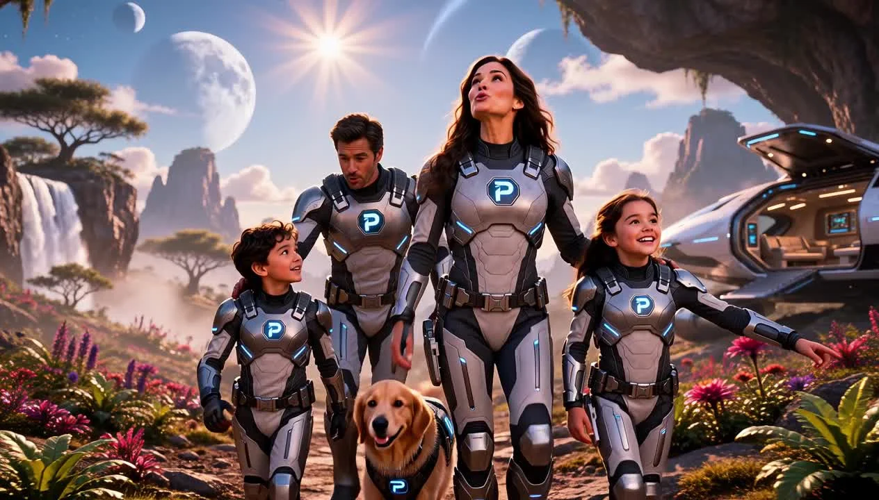 A family with a dog walking through a bright science-fiction landscape.