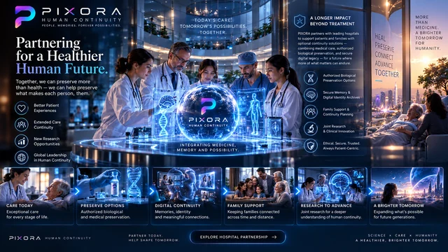 An imagined care team examining a luminous display, with family support scenes alongside.