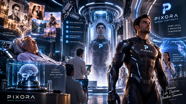 A futuristic laboratory with a humanoid figure, an illuminated chamber and displays of memories.