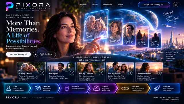 PIXORA concept artwork showing parents, children, an individual and families against a future city.