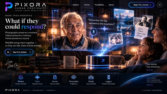 Concept artwork showing a family beside a luminous portrait, photographs and a voice interface.
