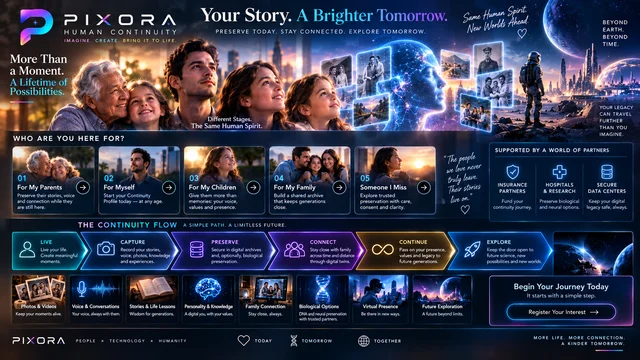 A family, a luminous digital profile and a sequence of imagined continuity pathways.
