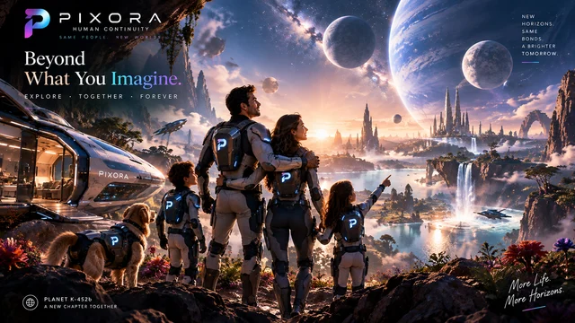 A family and a dog in futuristic suits overlooking an imagined world with several moons.
